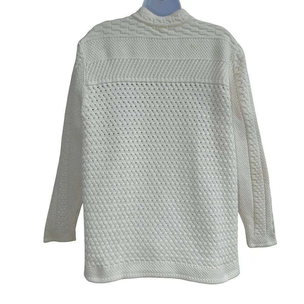 Vintage LL Bean Ivory 3D Cable Knit Cardigan Mock Neck Fisherman Cotton Plus 2x